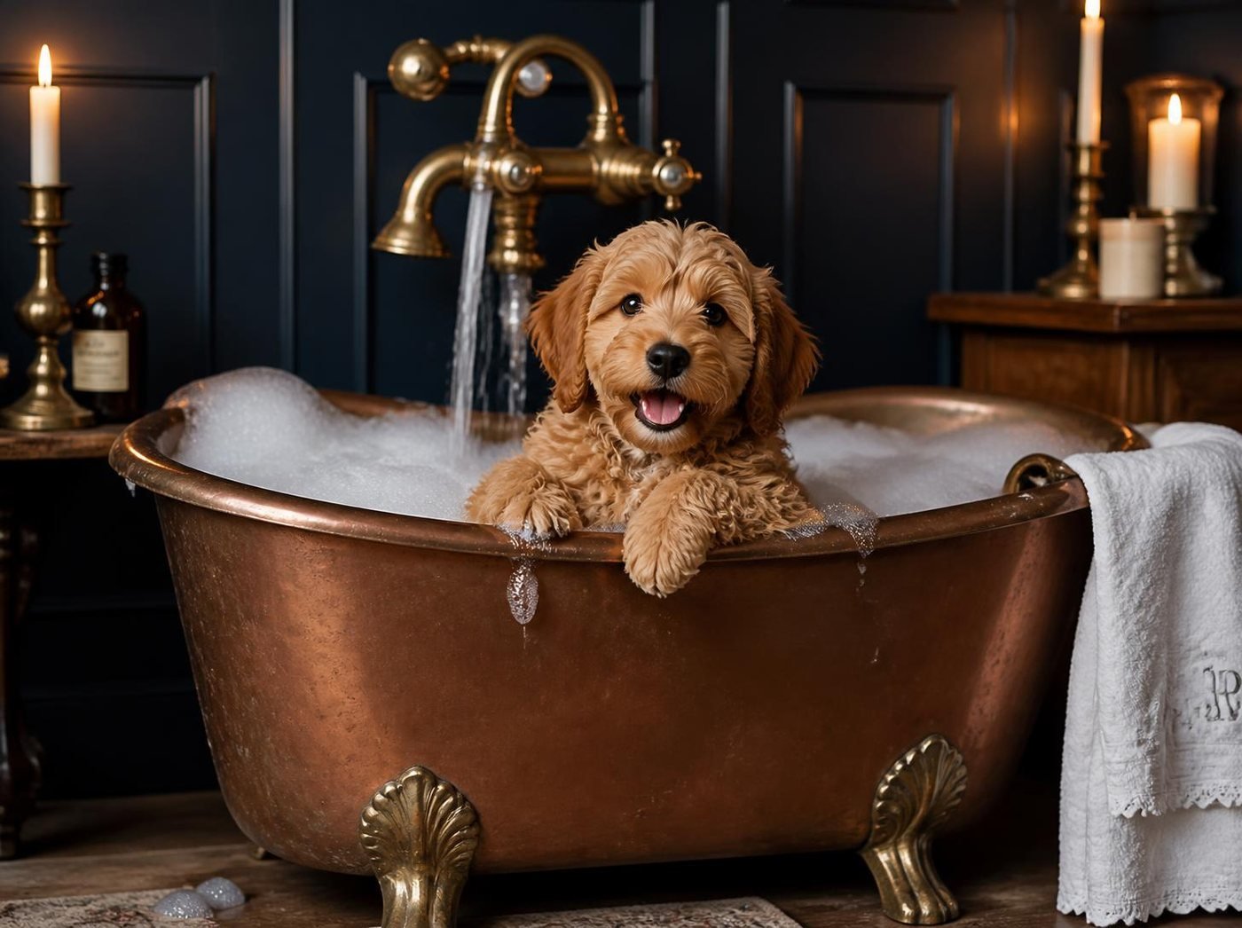 Happy doodle puppy in a copper clawfoot bubble bath
