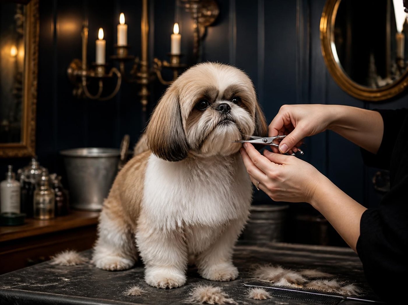 Groomer scissor-trimming a shih tzu by candlelight