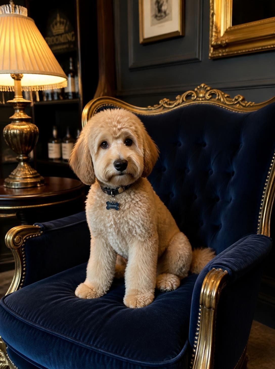 Freshly groomed doodle relaxing on a navy velvet armchair