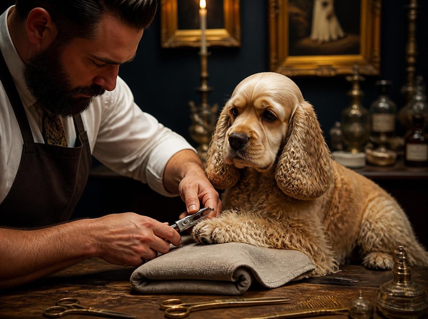 Cocker spaniel resting its paw on a towel for a gentle nail trim